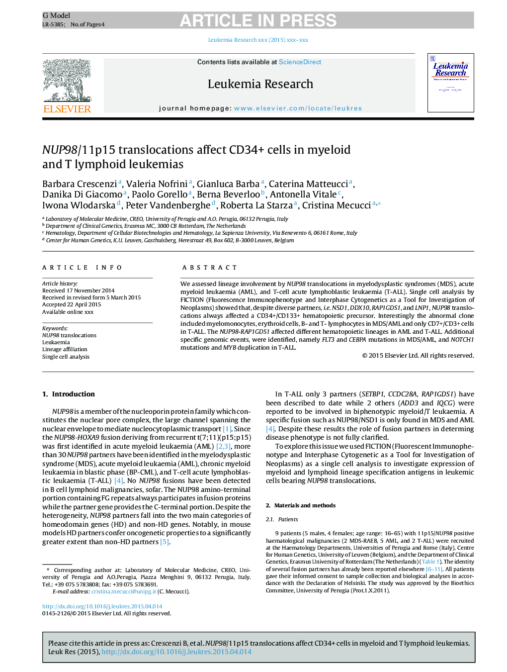 NUP98/11p15 translocations affect CD34+ cells in myeloid and T lymphoid leukemias