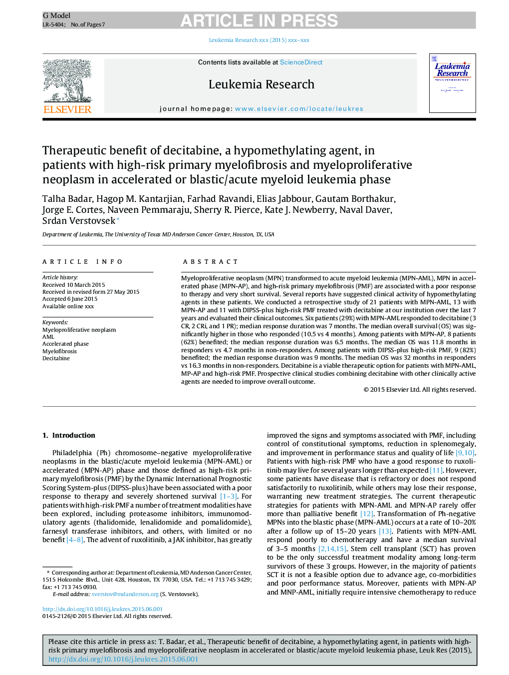 Therapeutic benefit of decitabine, a hypomethylating agent, in patients with high-risk primary myelofibrosis and myeloproliferative neoplasm in accelerated or blastic/acute myeloid leukemia phase