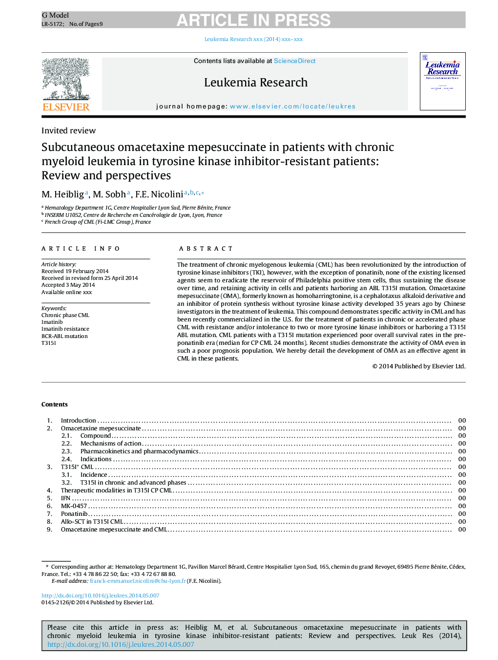 Subcutaneous omacetaxine mepesuccinate in patients with chronic myeloid leukemia in tyrosine kinase inhibitor-resistant patients: Review and perspectives