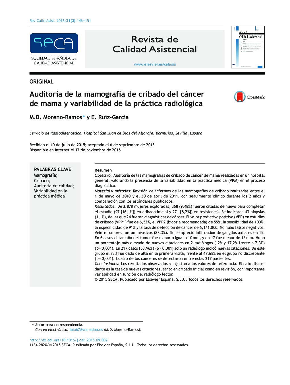 AuditorÃ­a de la mamografÃ­a de cribado del cáncer de mama y variabilidad de la práctica radiológica