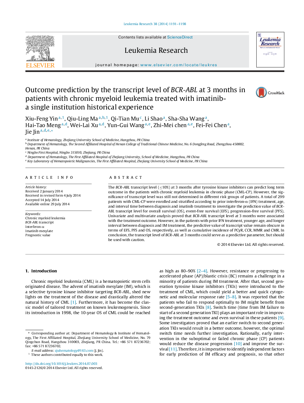 Outcome prediction by the transcript level of BCR-ABL at 3 months in patients with chronic myeloid leukemia treated with imatinib-a single institution historical experience