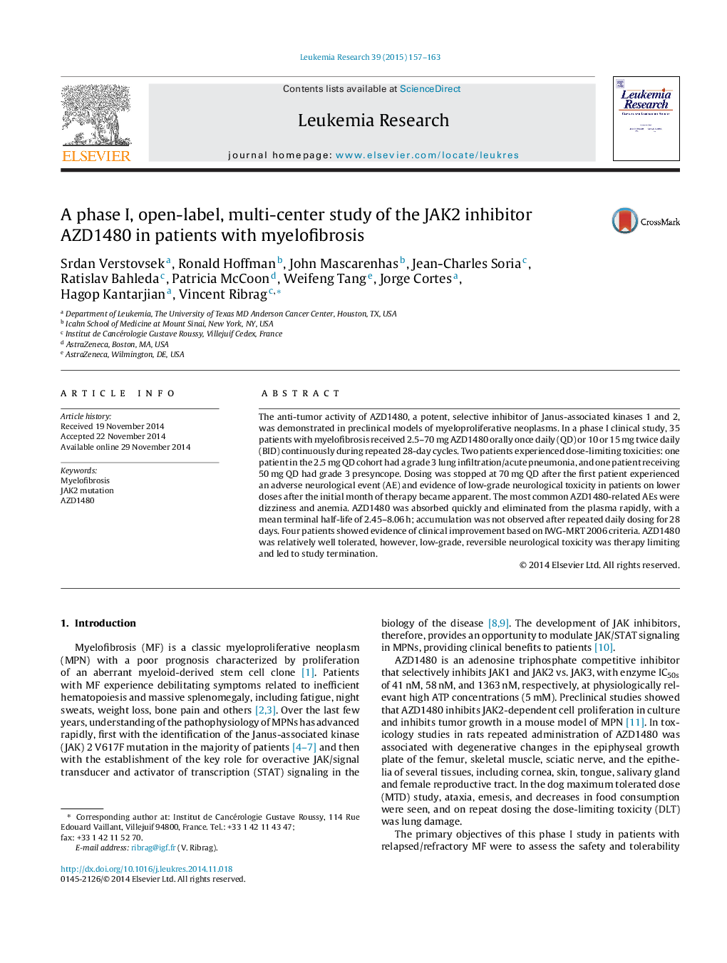 A phase I, open-label, multi-center study of the JAK2 inhibitor AZD1480 in patients with myelofibrosis