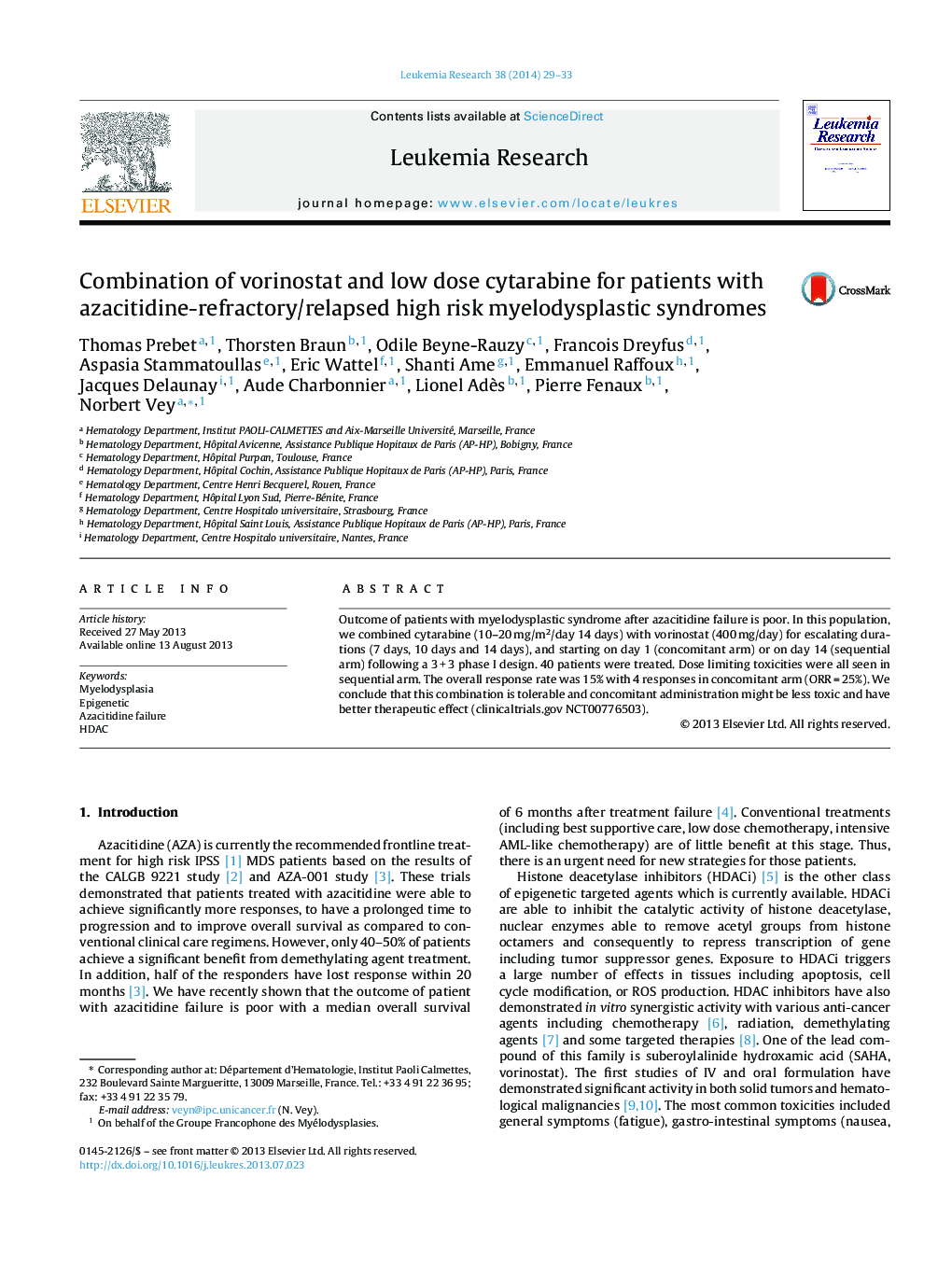 Combination of vorinostat and low dose cytarabine for patients with azacitidine-refractory/relapsed high risk myelodysplastic syndromes