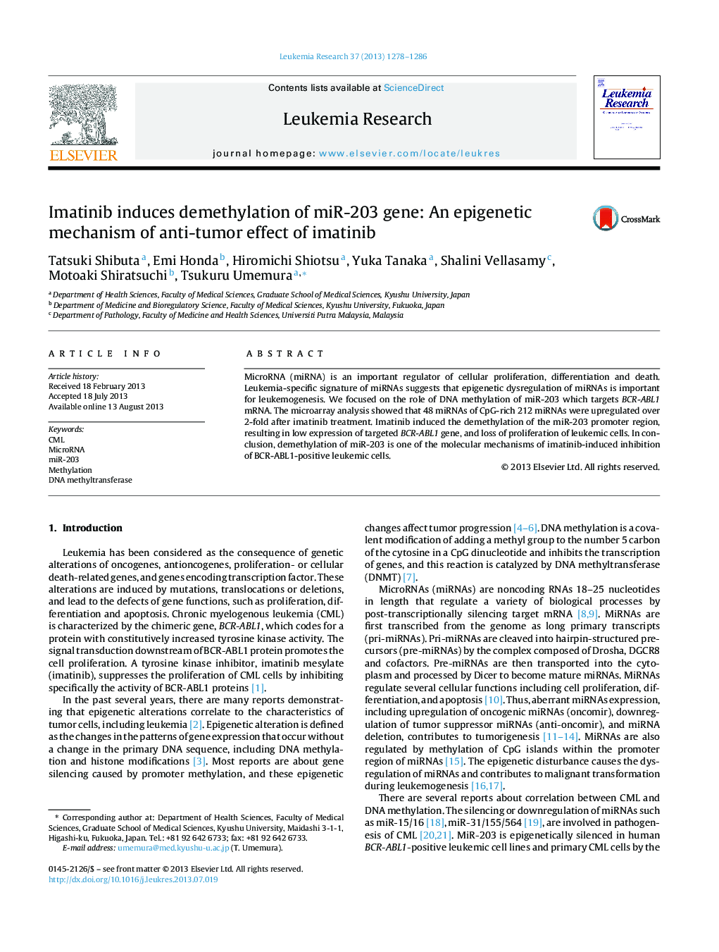 Imatinib induces demethylation of miR-203 gene: An epigenetic mechanism of anti-tumor effect of imatinib