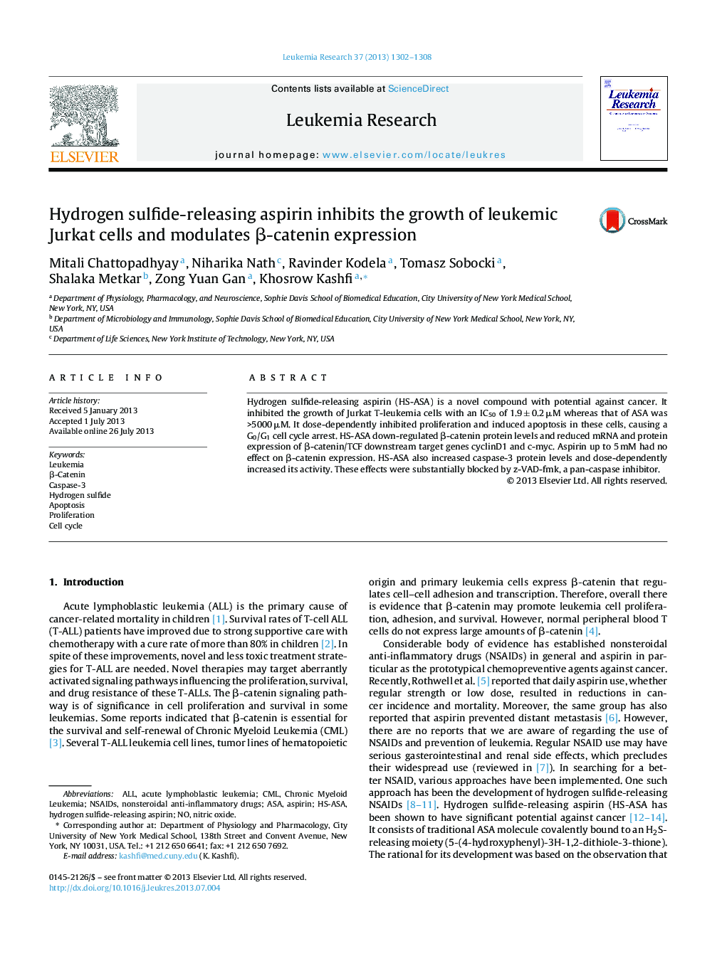 Hydrogen sulfide-releasing aspirin inhibits the growth of leukemic Jurkat cells and modulates Î²-catenin expression