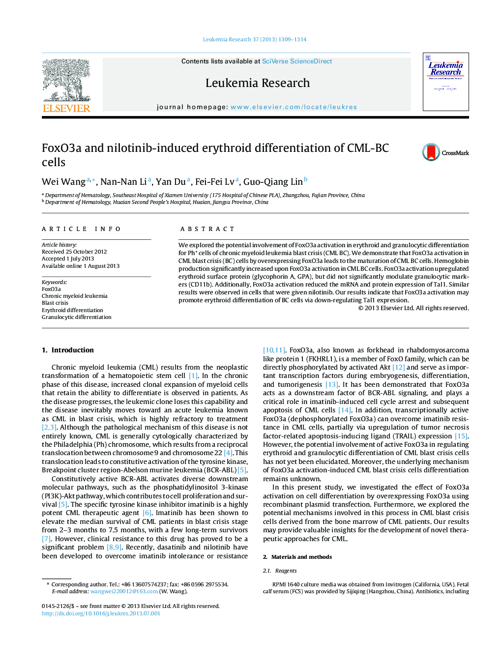 FoxO3a and nilotinib-induced erythroid differentiation of CML-BC cells