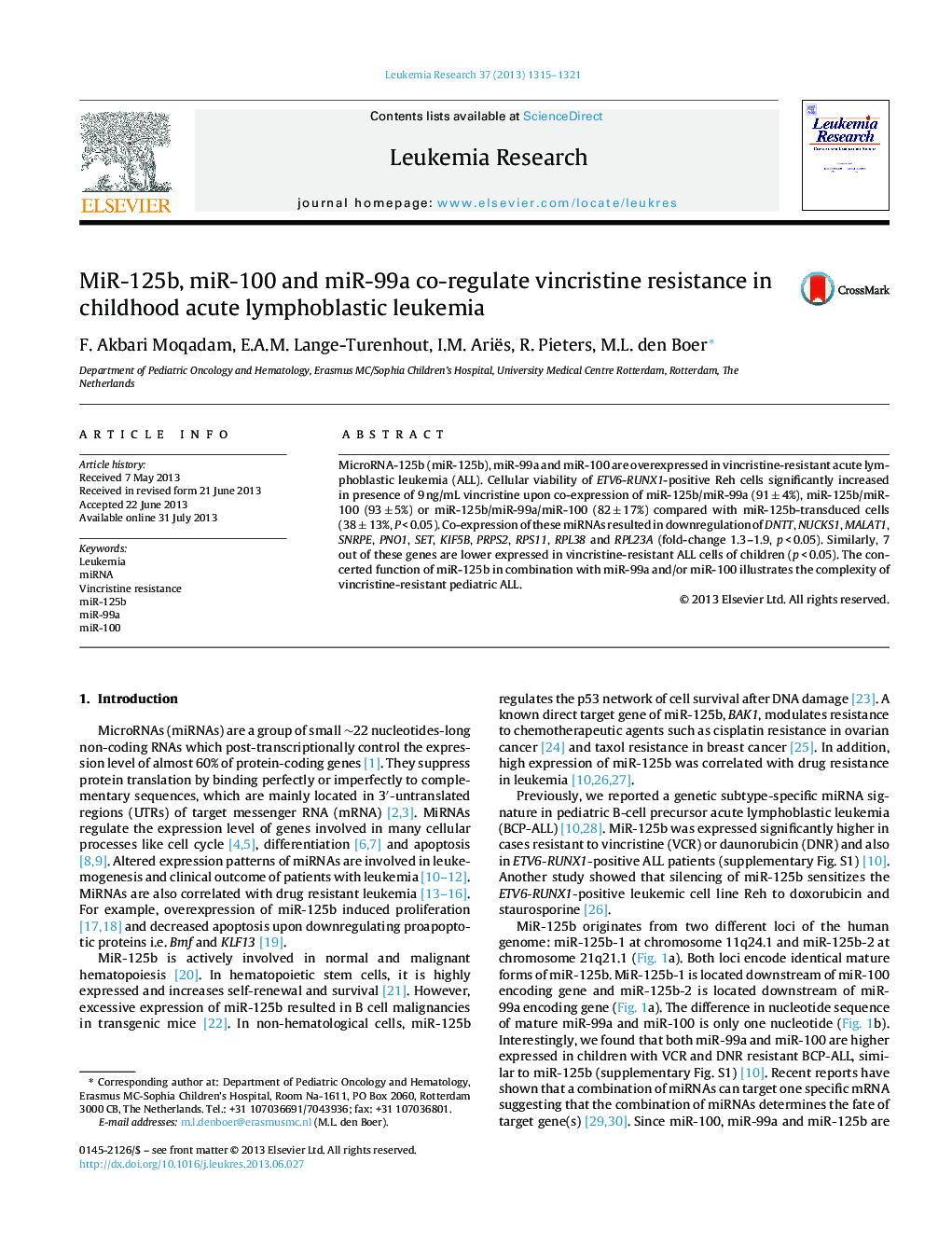 MiR-125b, miR-100 and miR-99a co-regulate vincristine resistance in childhood acute lymphoblastic leukemia