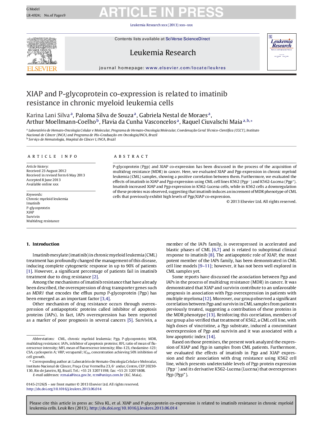 XIAP and P-glycoprotein co-expression is related to imatinib resistance in chronic myeloid leukemia cells