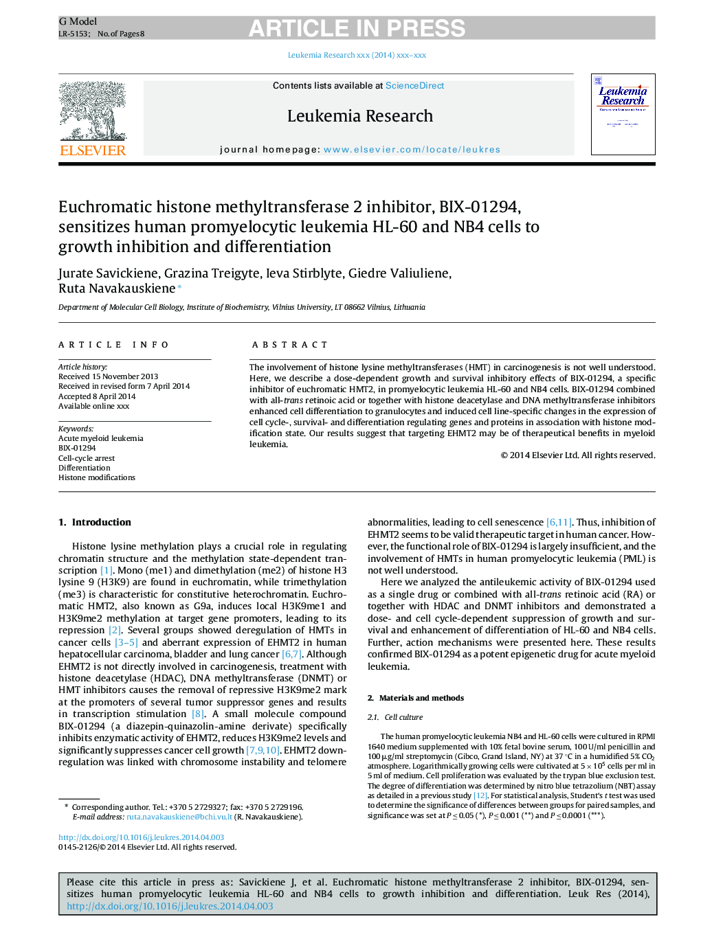 Euchromatic histone methyltransferase 2 inhibitor, BIX-01294, sensitizes human promyelocytic leukemia HL-60 and NB4 cells to growth inhibition and differentiation