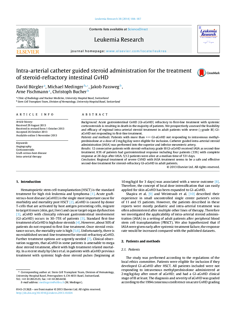 Intra-arterial catheter guided steroid administration for the treatment of steroid-refractory intestinal GvHD