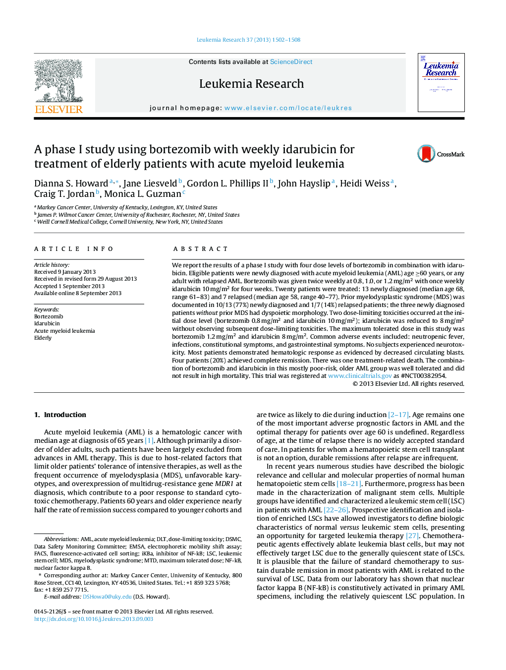 A phase I study using bortezomib with weekly idarubicin for treatment of elderly patients with acute myeloid leukemia