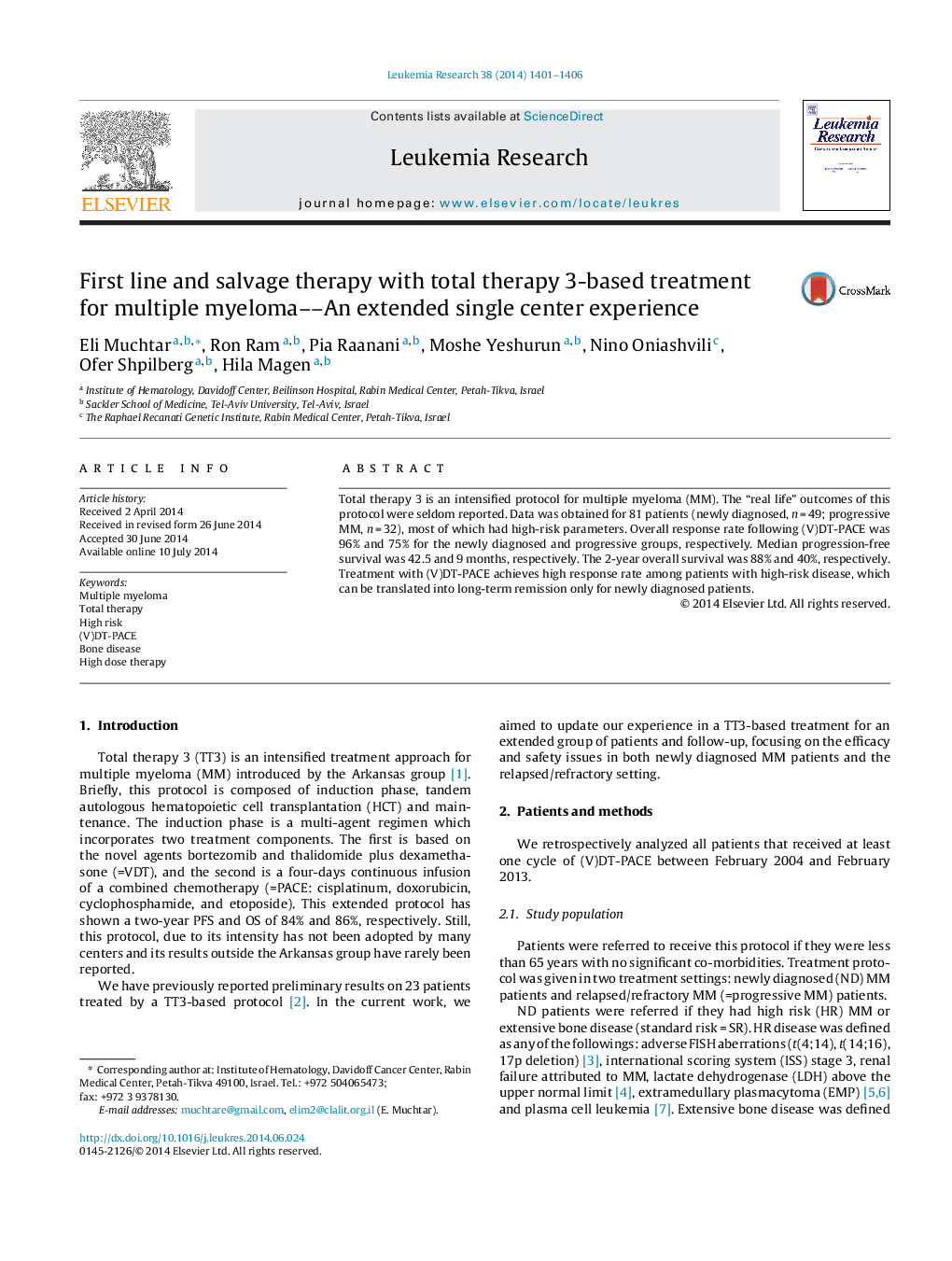 First line and salvage therapy with total therapy 3-based treatment for multiple myeloma--An extended single center experience