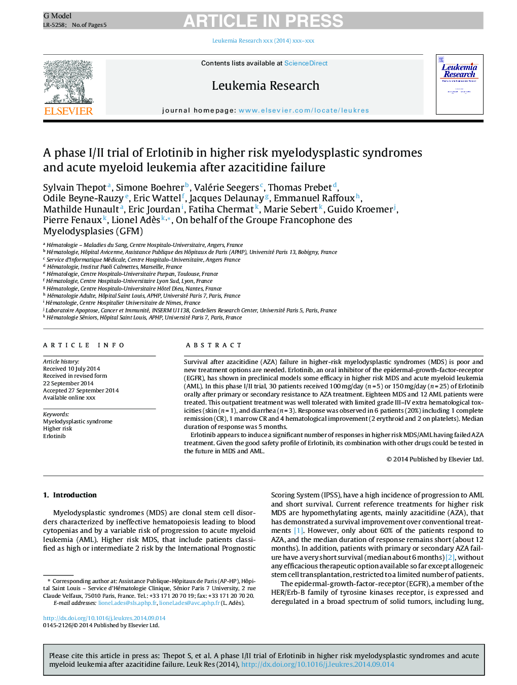 A phase I/II trial of Erlotinib in higher risk myelodysplastic syndromes and acute myeloid leukemia after azacitidine failure