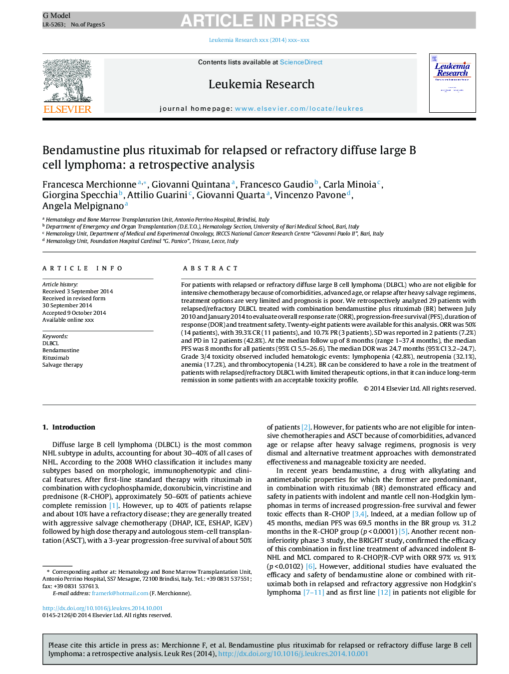 Bendamustine plus rituximab for relapsed or refractory diffuse large B cell lymphoma: a retrospective analysis