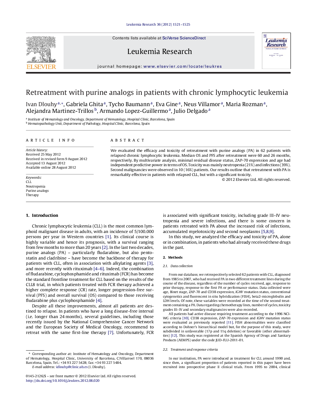 Retreatment with purine analogs in patients with chronic lymphocytic leukemia