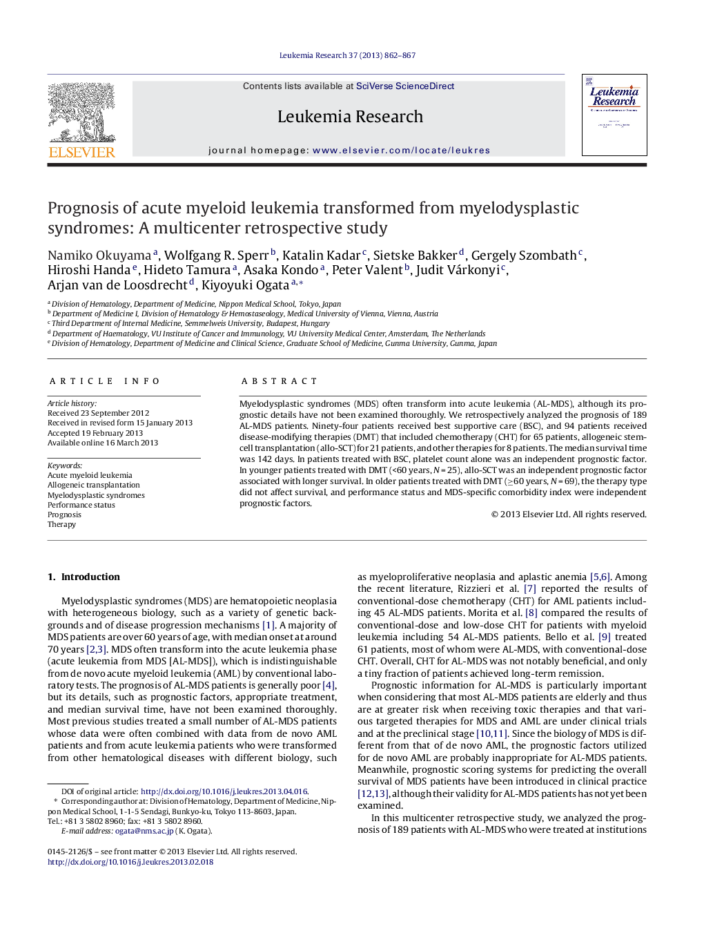 Prognosis of acute myeloid leukemia transformed from myelodysplastic syndromes: A multicenter retrospective study