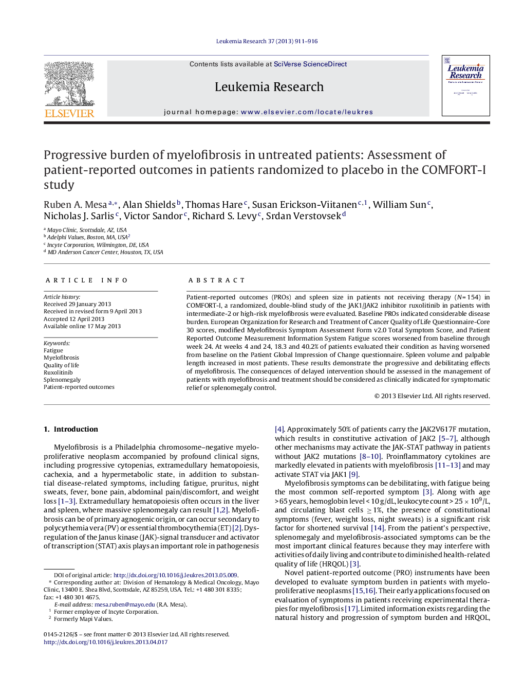 Progressive burden of myelofibrosis in untreated patients: Assessment of patient-reported outcomes in patients randomized to placebo in the COMFORT-I study