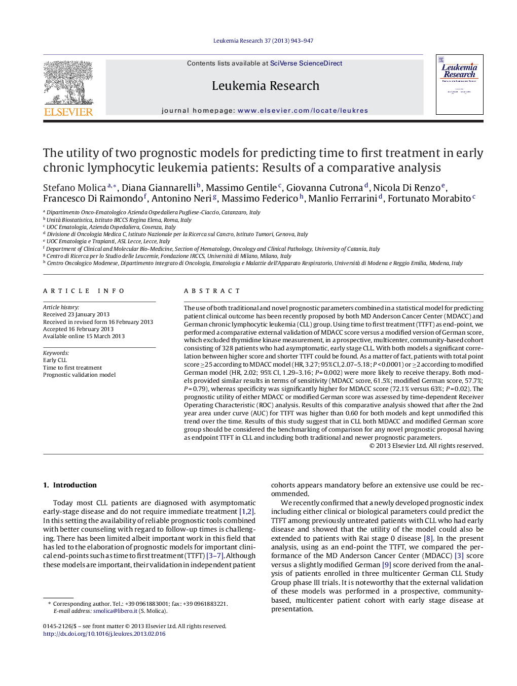 The utility of two prognostic models for predicting time to first treatment in early chronic lymphocytic leukemia patients: Results of a comparative analysis