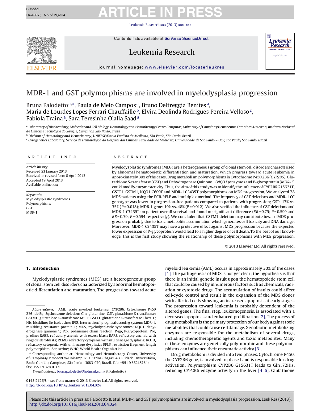 MDR-1 and GST polymorphisms are involved in myelodysplasia progression