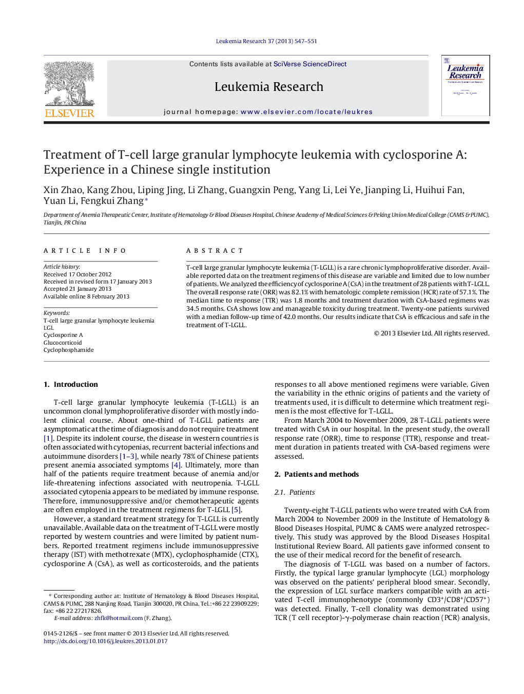 Treatment of T-cell large granular lymphocyte leukemia with cyclosporine A: Experience in a Chinese single institution