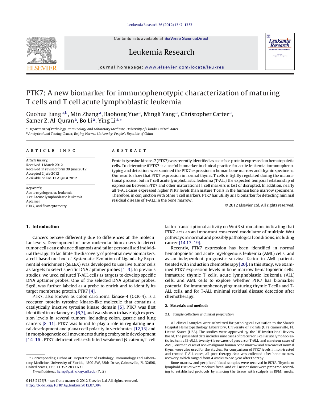 PTK7: A new biomarker for immunophenotypic characterization of maturing T cells and T cell acute lymphoblastic leukemia