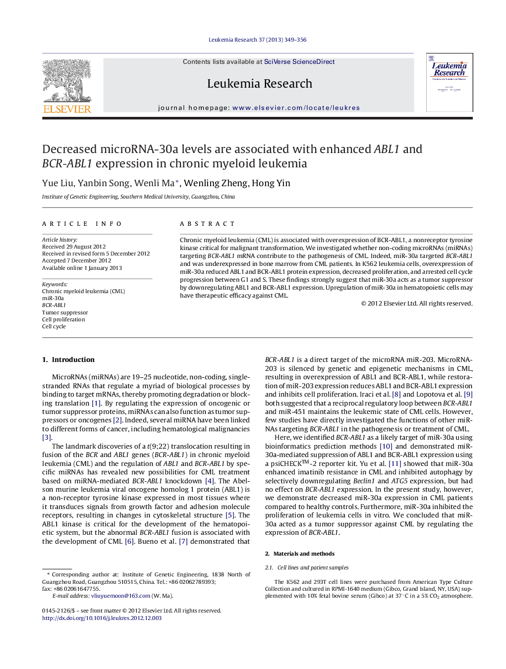 Decreased microRNA-30a levels are associated with enhanced ABL1 and BCR-ABL1 expression in chronic myeloid leukemia