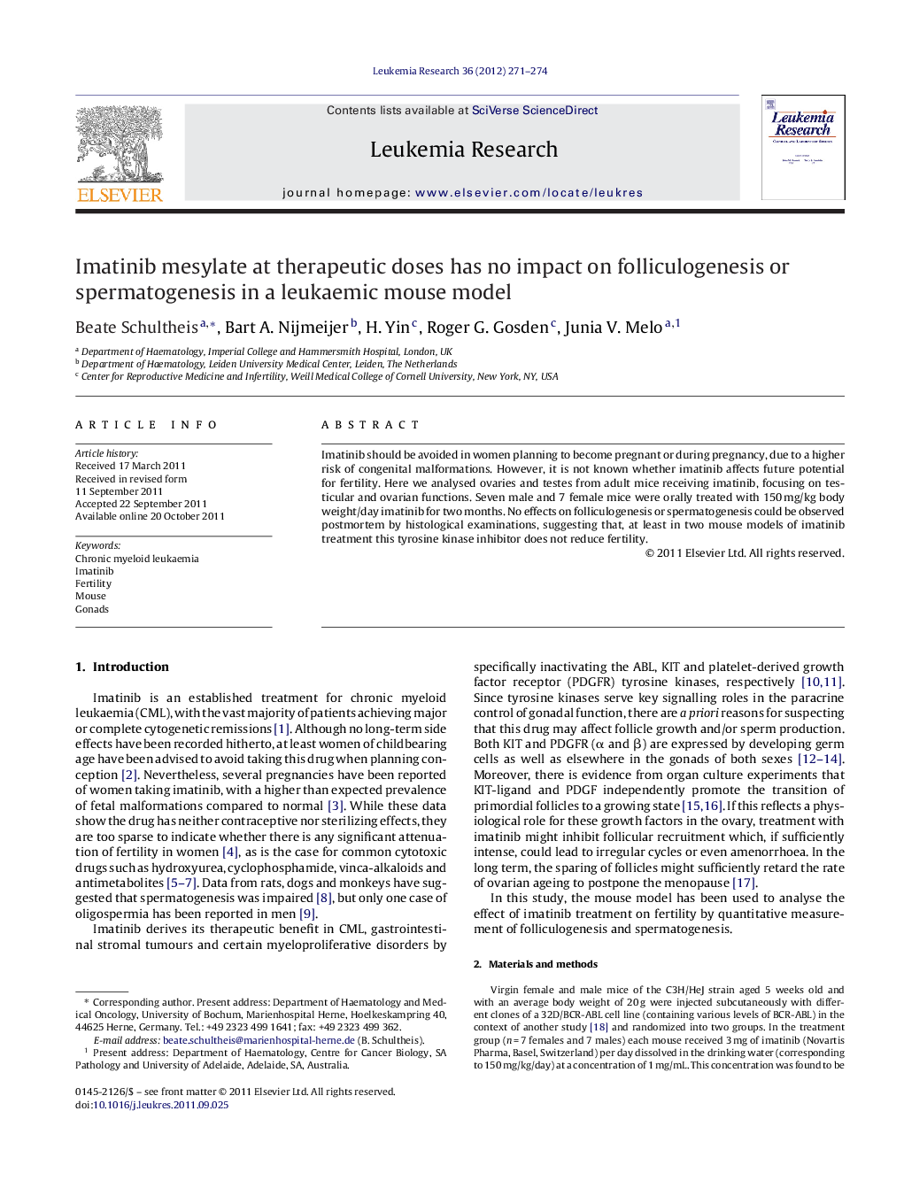 Imatinib mesylate at therapeutic doses has no impact on folliculogenesis or spermatogenesis in a leukaemic mouse model