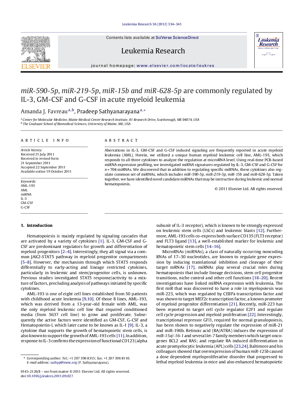 miR-590-5p, miR-219-5p, miR-15b and miR-628-5p are commonly regulated by IL-3, GM-CSF and G-CSF in acute myeloid leukemia