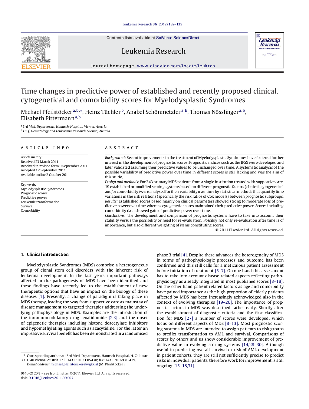 Time changes in predictive power of established and recently proposed clinical, cytogenetical and comorbidity scores for Myelodysplastic Syndromes