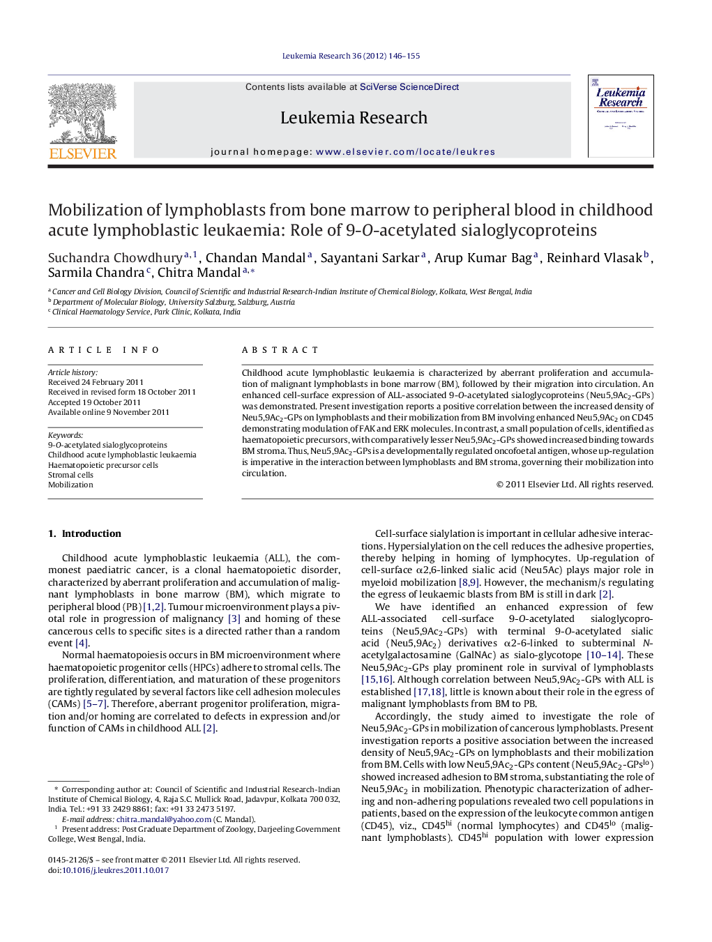 Mobilization of lymphoblasts from bone marrow to peripheral blood in childhood acute lymphoblastic leukaemia: Role of 9-O-acetylated sialoglycoproteins