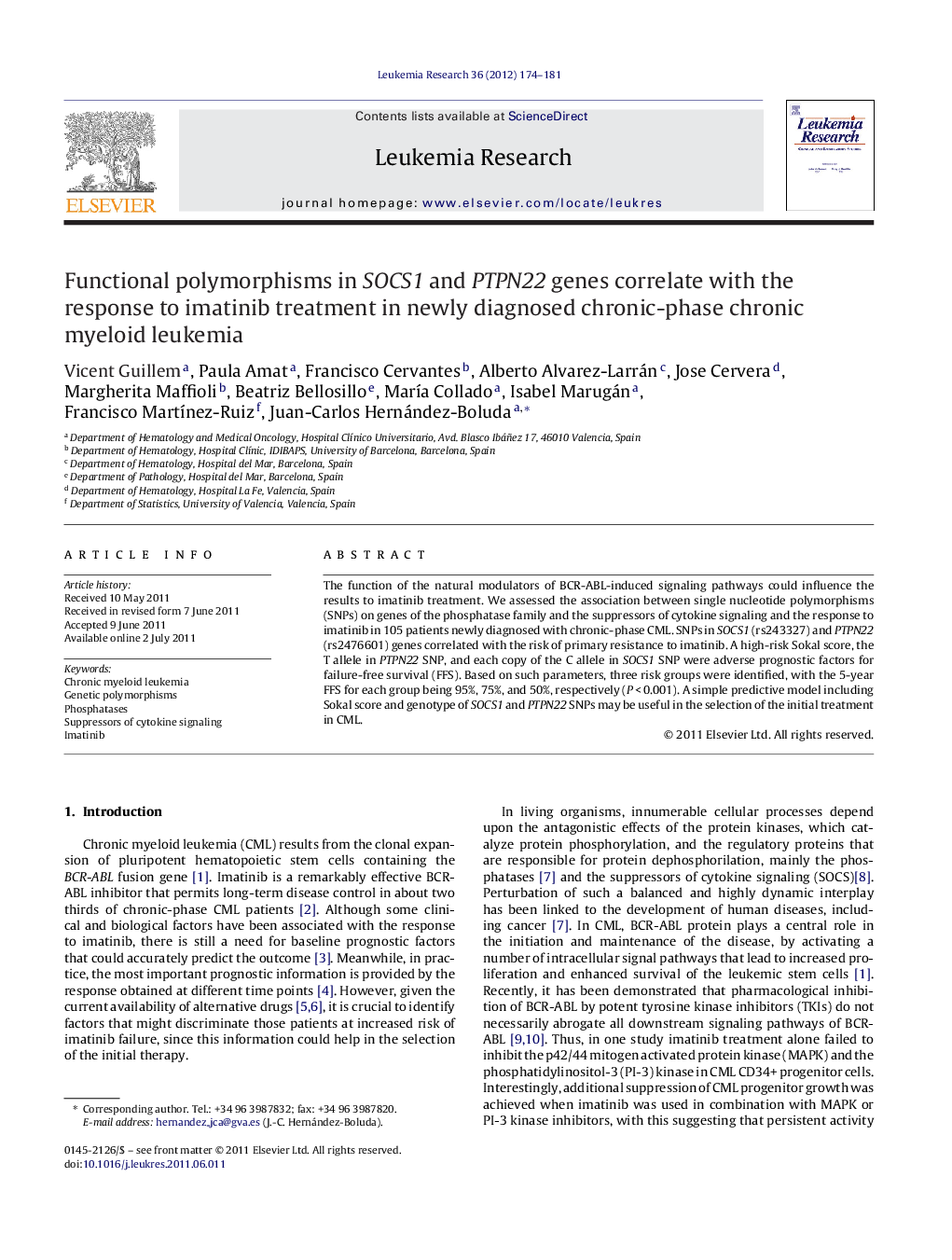 Functional polymorphisms in SOCS1 and PTPN22 genes correlate with the response to imatinib treatment in newly diagnosed chronic-phase chronic myeloid leukemia