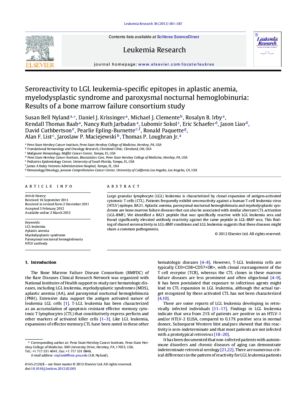 Seroreactivity to LGL leukemia-specific epitopes in aplastic anemia, myelodysplastic syndrome and paroxysmal nocturnal hemoglobinuria: Results of a bone marrow failure consortium study