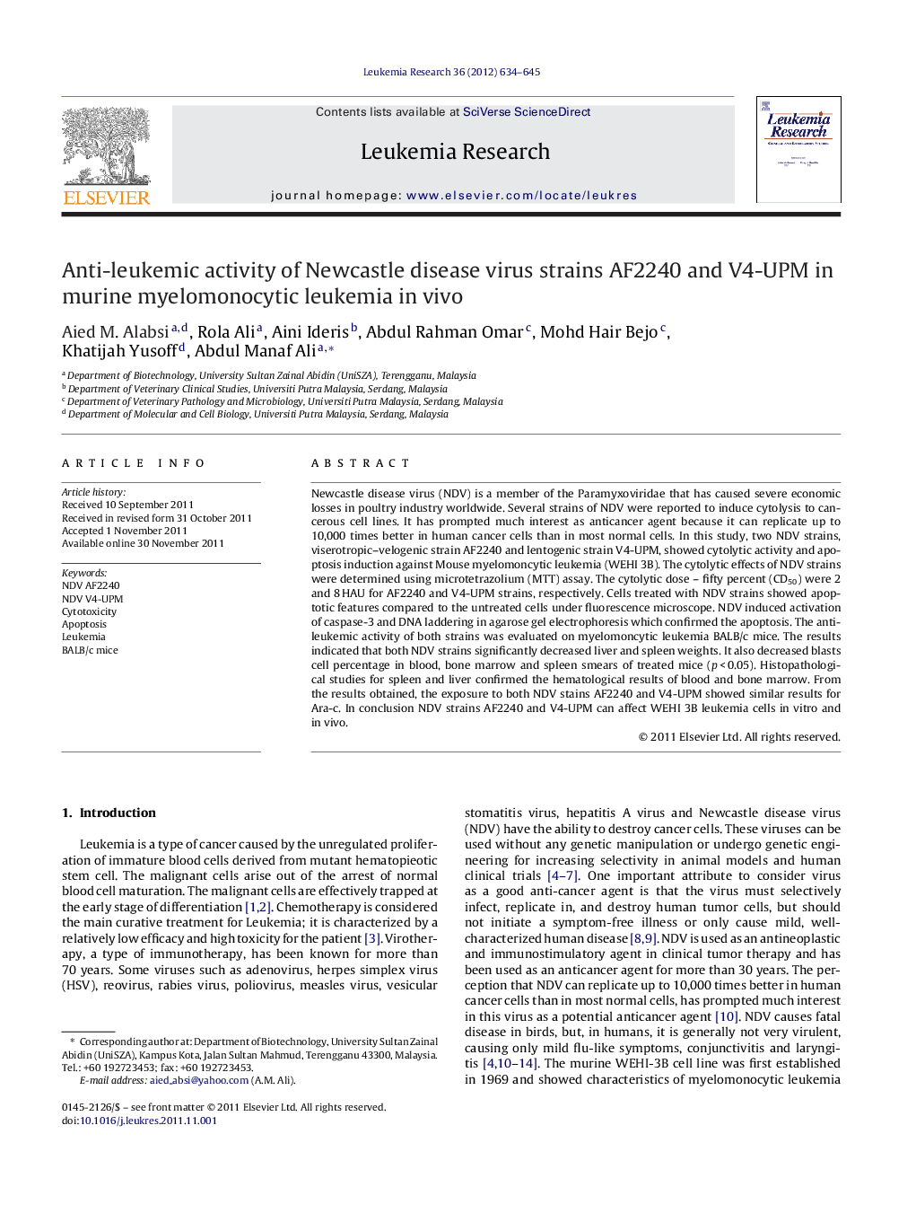 Anti-leukemic activity of Newcastle disease virus strains AF2240 and V4-UPM in murine myelomonocytic leukemia in vivo