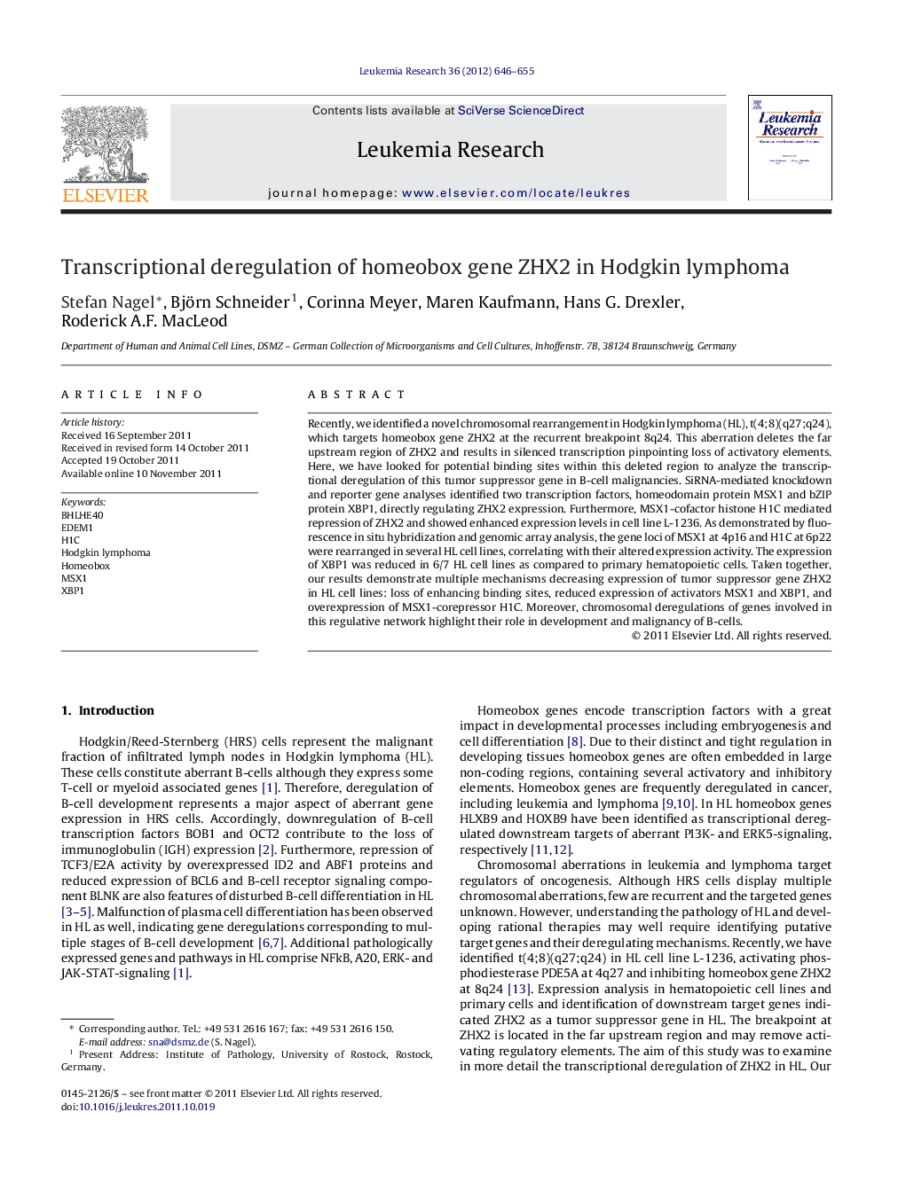 Transcriptional deregulation of homeobox gene ZHX2 in Hodgkin lymphoma