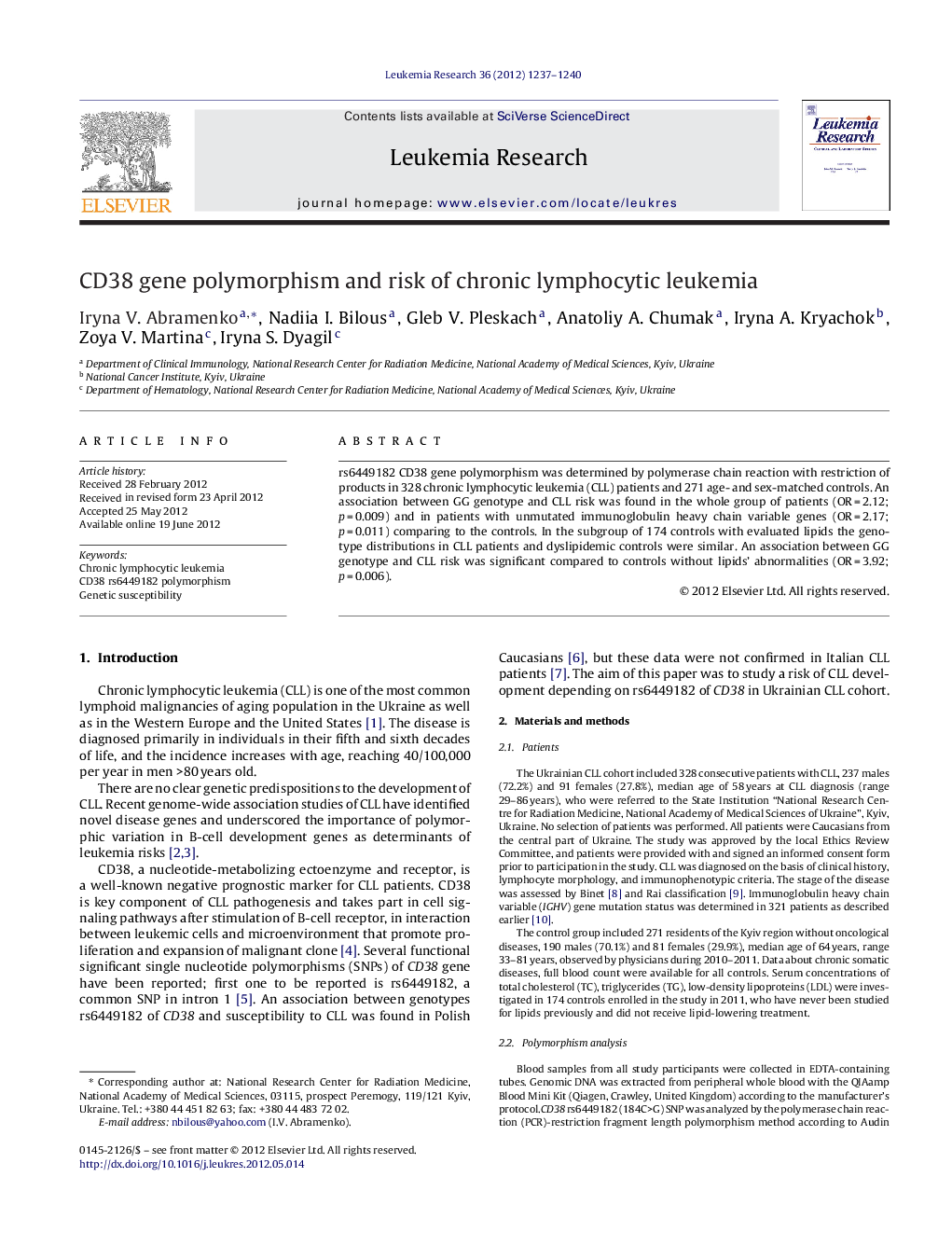 CD38 gene polymorphism and risk of chronic lymphocytic leukemia