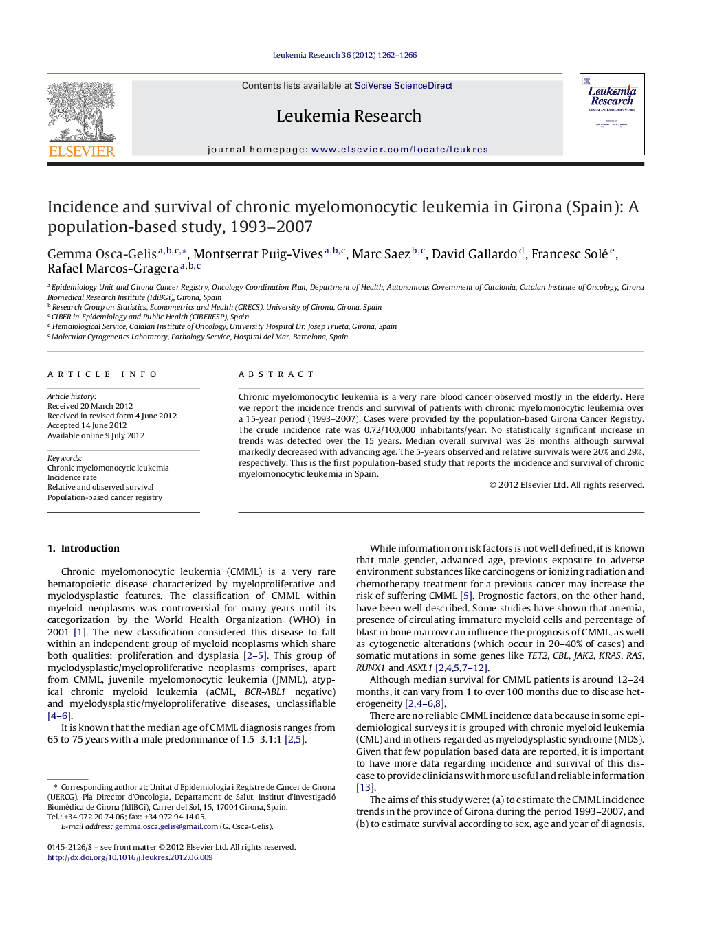 Incidence and survival of chronic myelomonocytic leukemia in Girona (Spain): A population-based study, 1993-2007