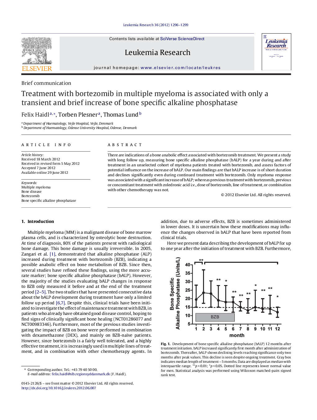 Treatment with bortezomib in multiple myeloma is associated with only a transient and brief increase of bone specific alkaline phosphatase