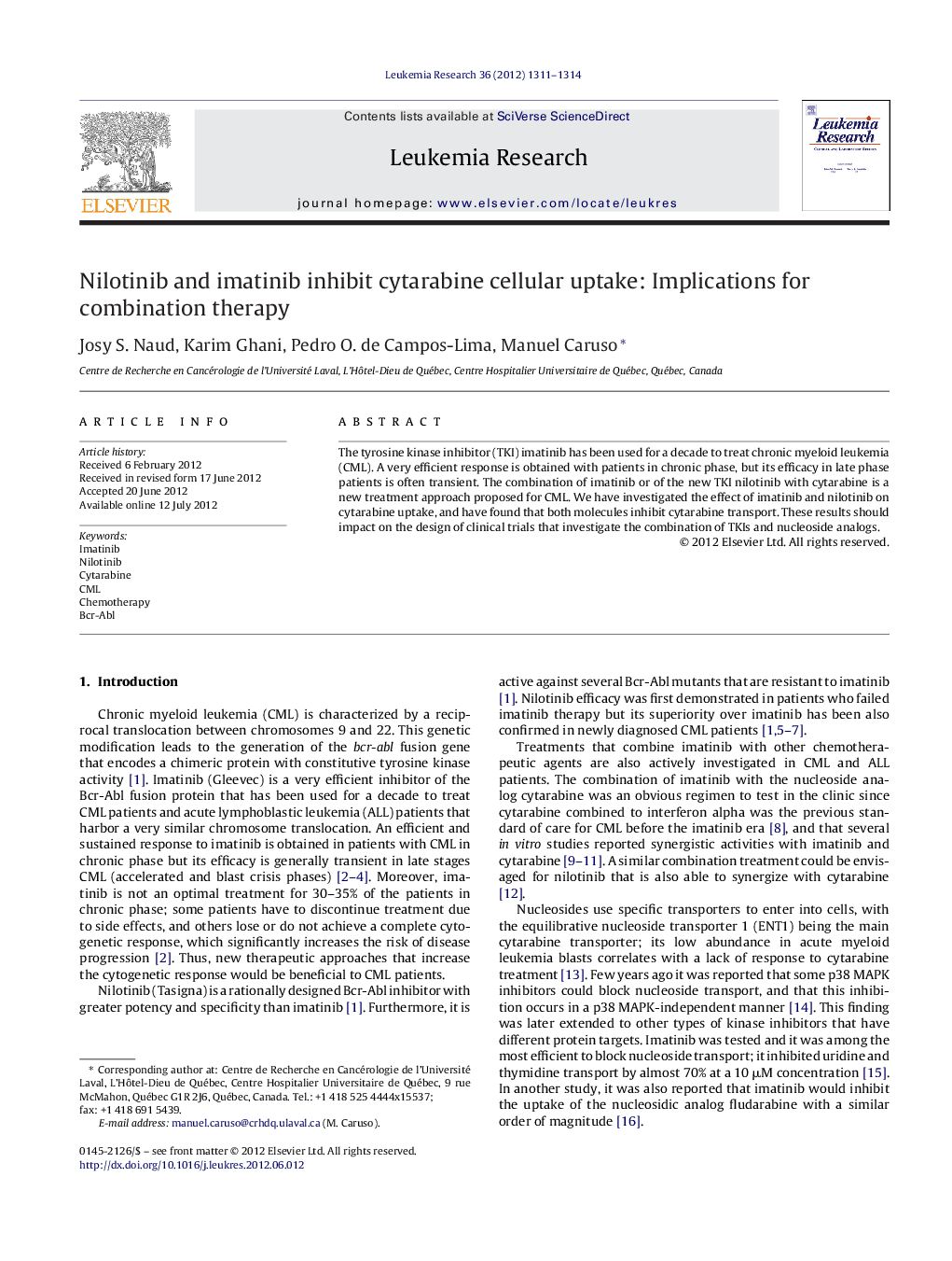 Nilotinib and imatinib inhibit cytarabine cellular uptake: Implications for combination therapy