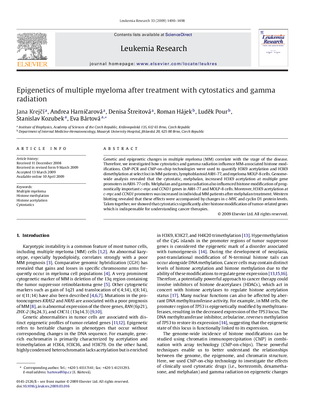 Epigenetics of multiple myeloma after treatment with cytostatics and gamma radiation