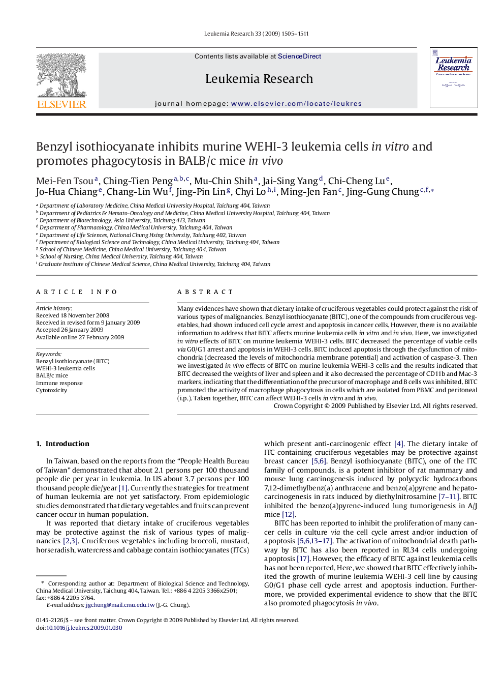 Benzyl isothiocyanate inhibits murine WEHI-3 leukemia cells in vitro and promotes phagocytosis in BALB/c mice in vivo
