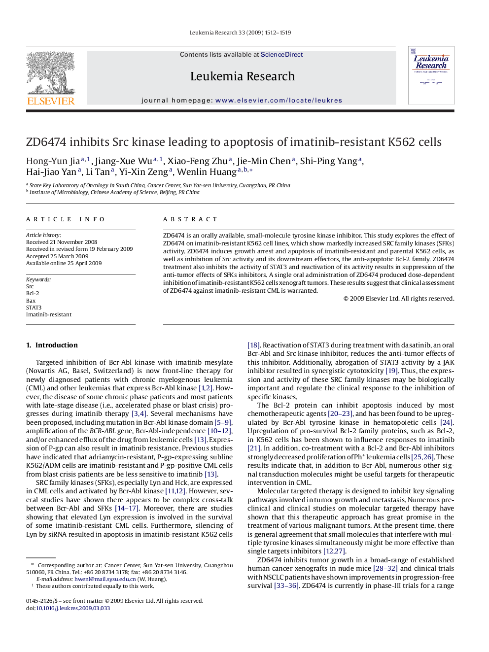 ZD6474 inhibits Src kinase leading to apoptosis of imatinib-resistant K562 cells