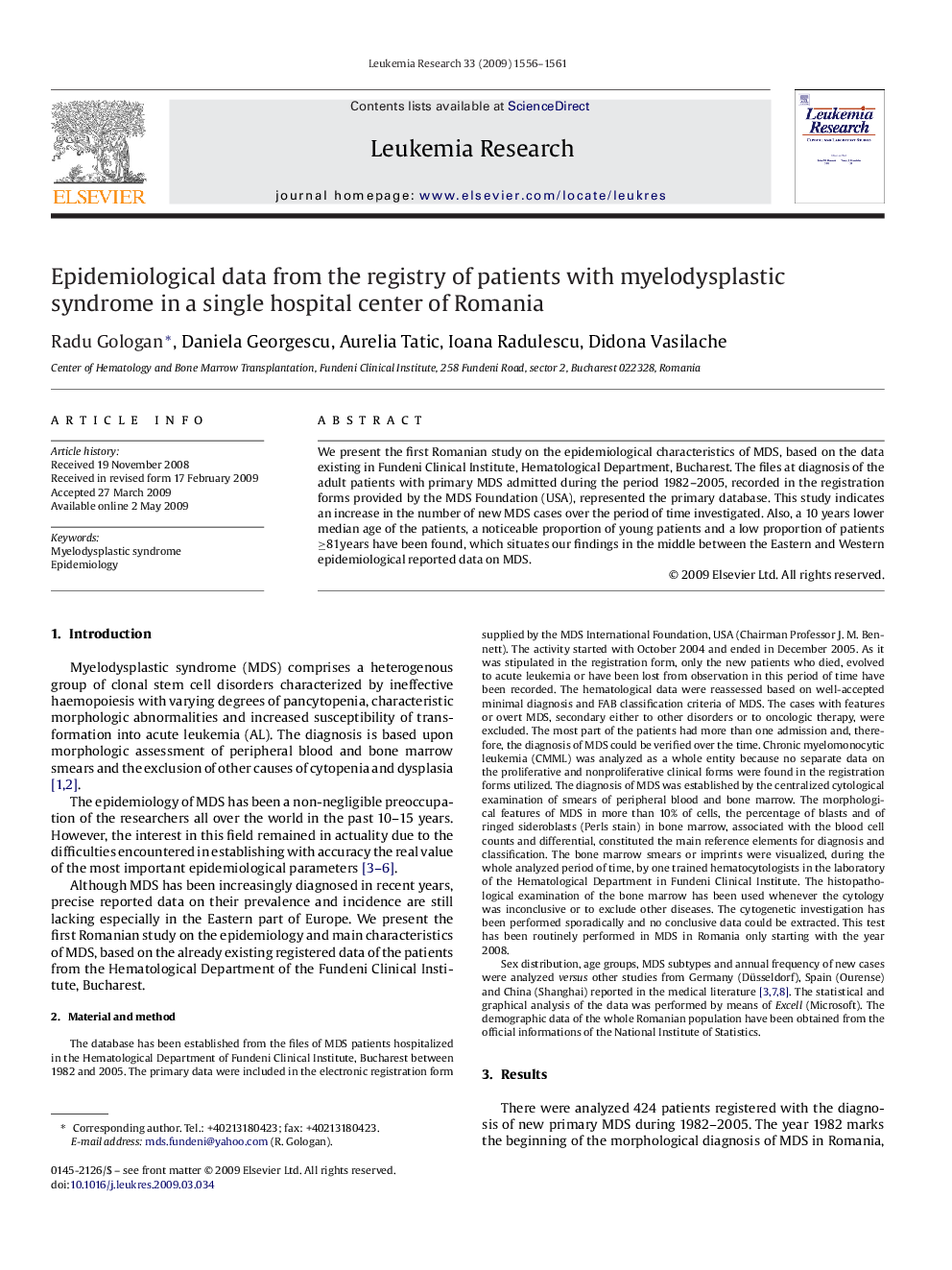 Epidemiological data from the registry of patients with myelodysplastic syndrome in a single hospital center of Romania