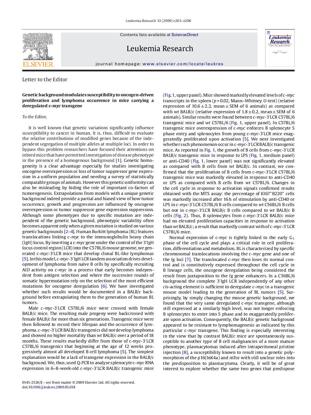 Genetic background modulates susceptibility to oncogen-driven proliferation and lymphoma occurrence in mice carrying a deregulated c-myc transgene