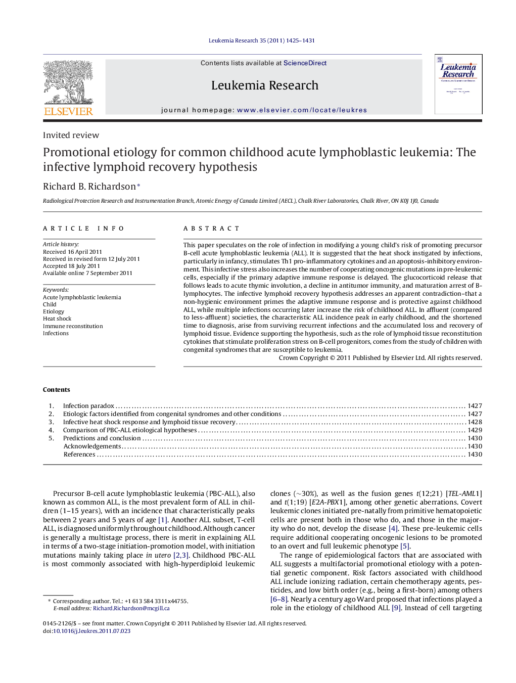 Promotional etiology for common childhood acute lymphoblastic leukemia: The infective lymphoid recovery hypothesis