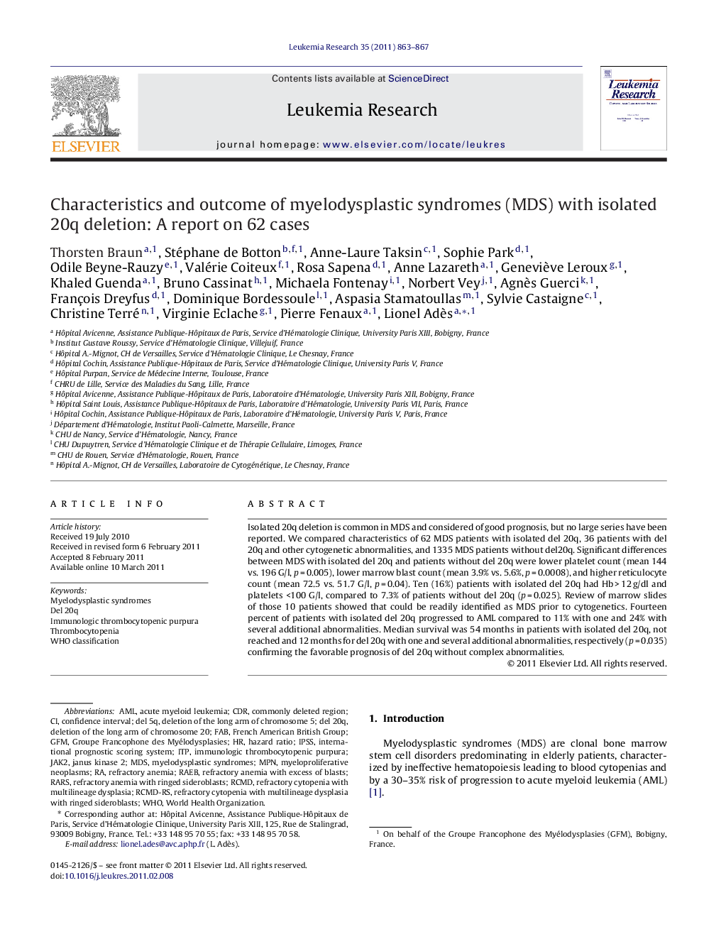 Characteristics and outcome of myelodysplastic syndromes (MDS) with isolated 20q deletion: A report on 62 cases