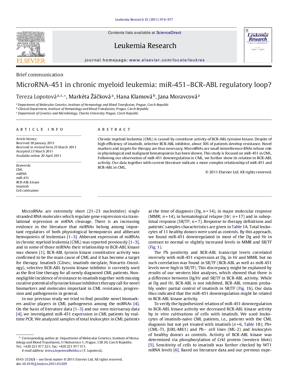 MicroRNA-451 in chronic myeloid leukemia: miR-451-BCR-ABL regulatory loop?