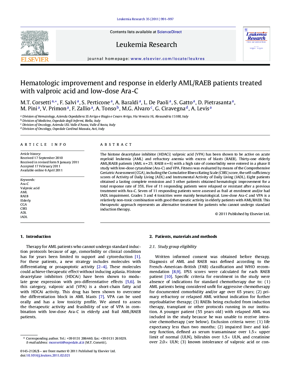 Hematologic improvement and response in elderly AML/RAEB patients treated with valproic acid and low-dose Ara-C