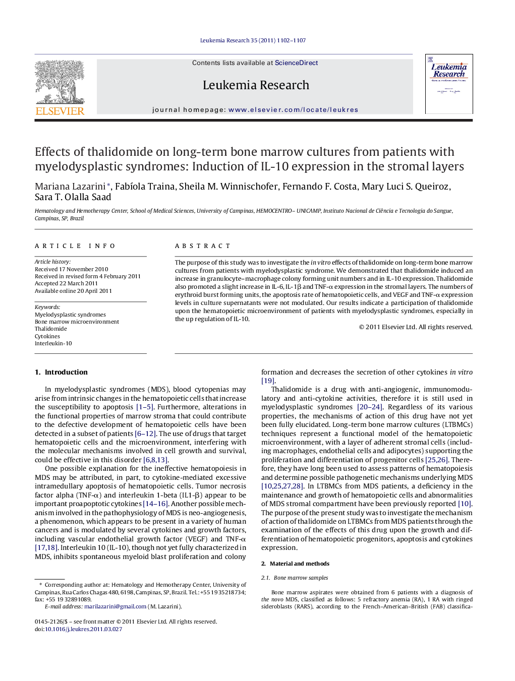 Effects of thalidomide on long-term bone marrow cultures from patients with myelodysplastic syndromes: Induction of IL-10 expression in the stromal layers