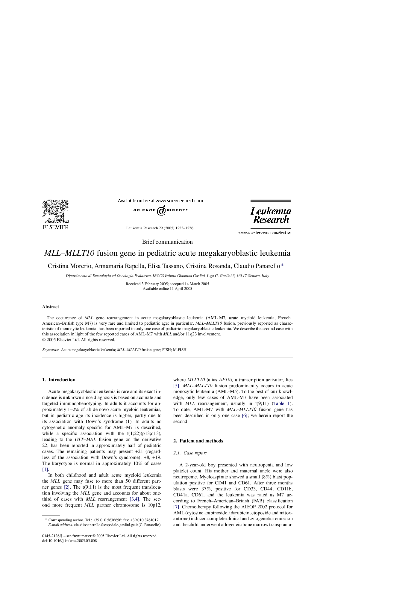 MLL-MLLT10 fusion gene in pediatric acute megakaryoblastic leukemia