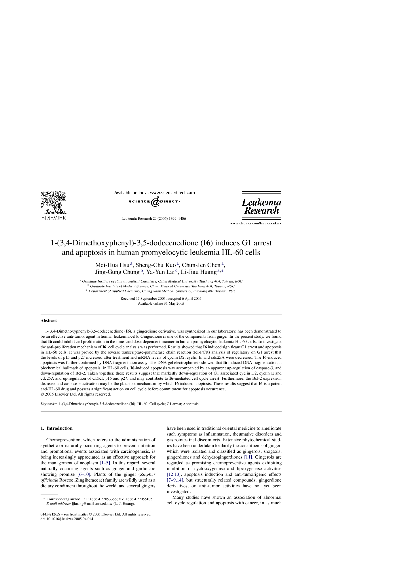 1-(3,4-Dimethoxyphenyl)-3,5-dodecenedione (I6) induces G1 arrest and apoptosis in human promyelocytic leukemia HL-60 cells